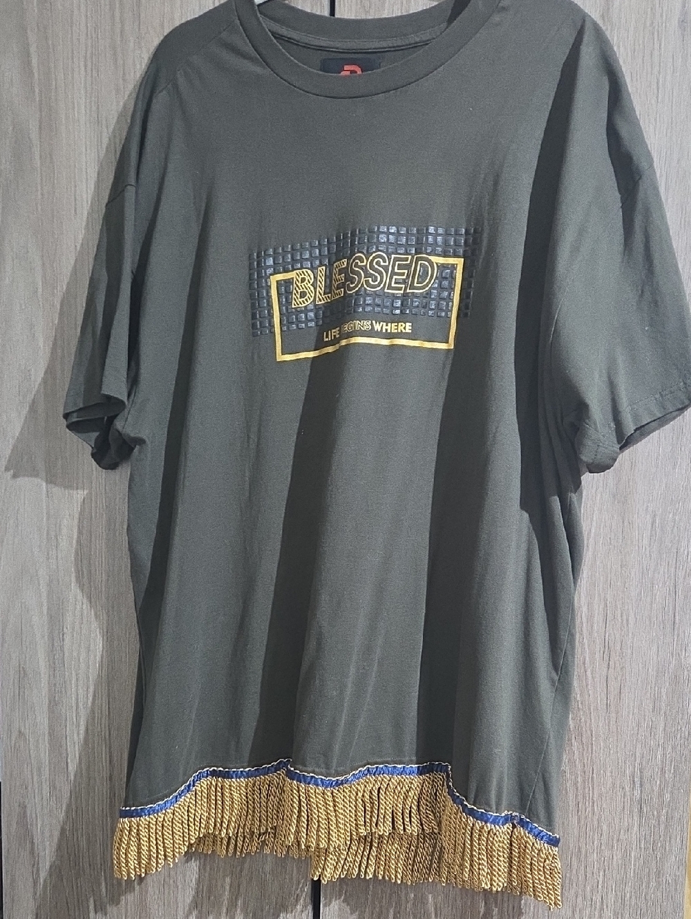 Men's Green 'Blessed' Short Sleeve T‑Shirt with Gold Fringe